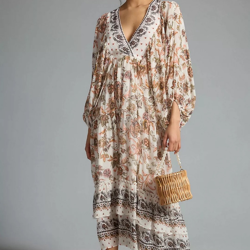 Anthropologie Cream Floral Maxi  Dress